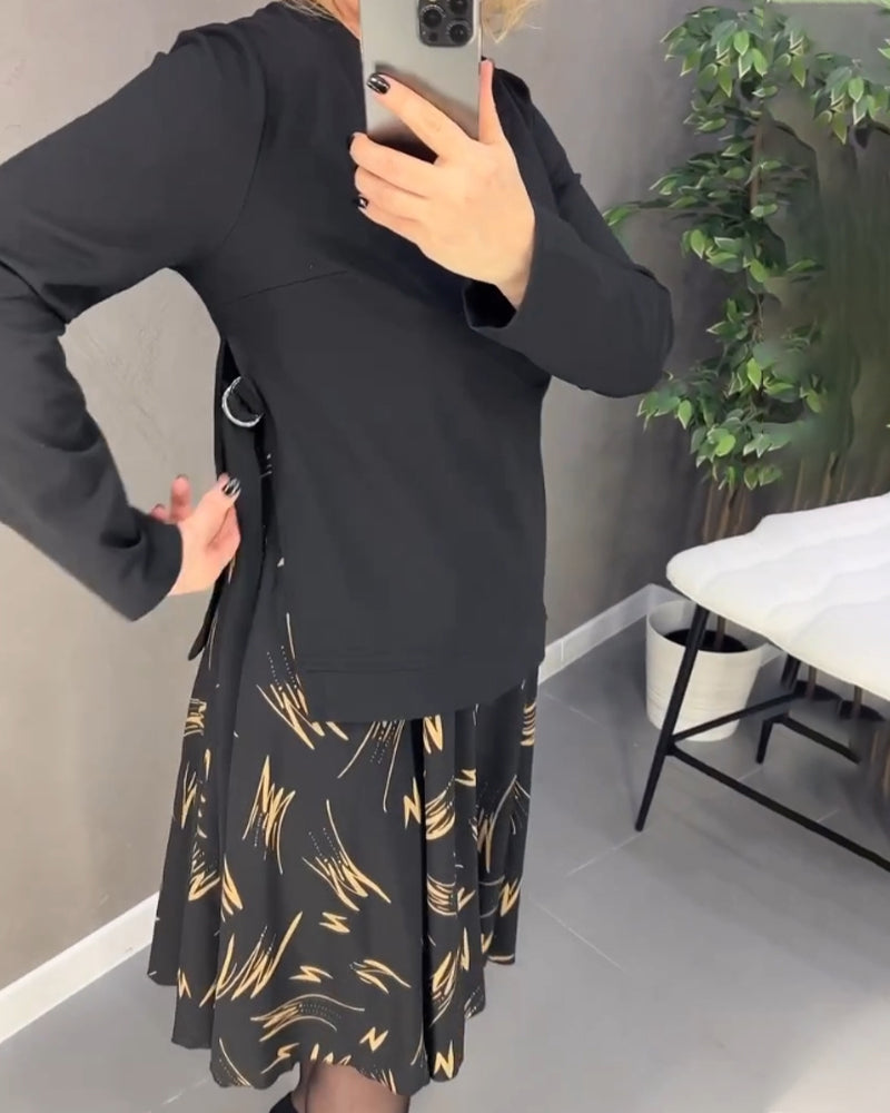 Casual Loose Print Dress with Round Neck