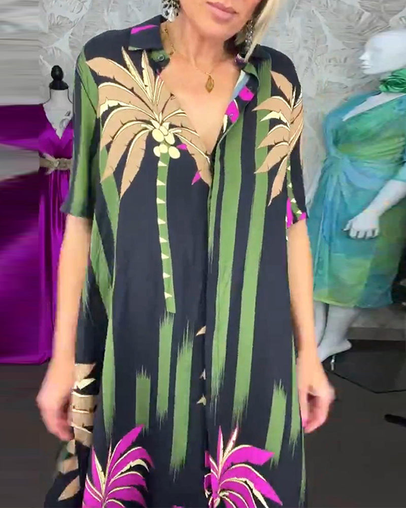 Casual leaf print slit short sleeve loose dress