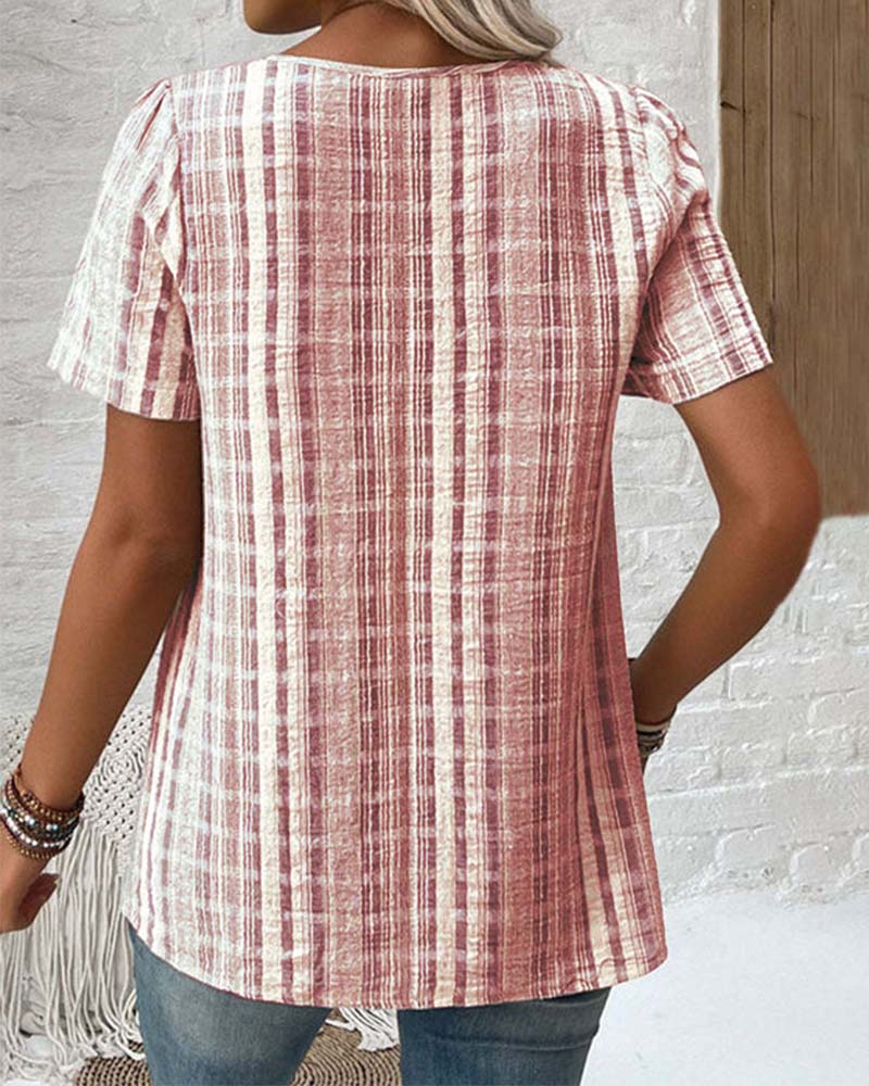 Casual V Neck Striped Plaid T-Shirt