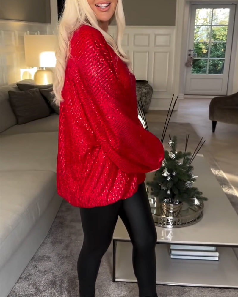 Balloon sleeve round neck sequin top