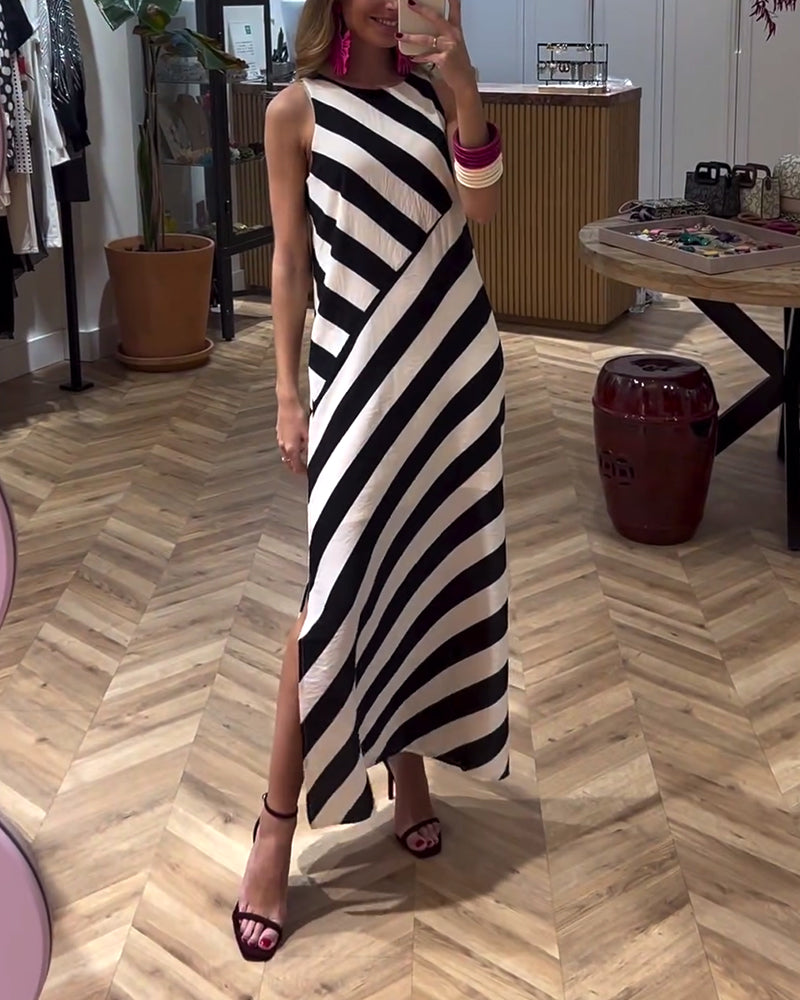 Contrast stripe print sleeveless slit dress