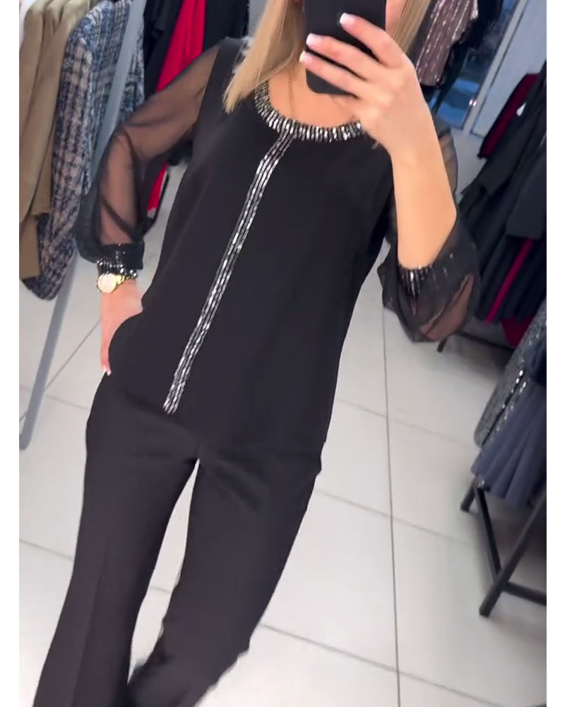 Sequin Panel Long Sleeve Blouse