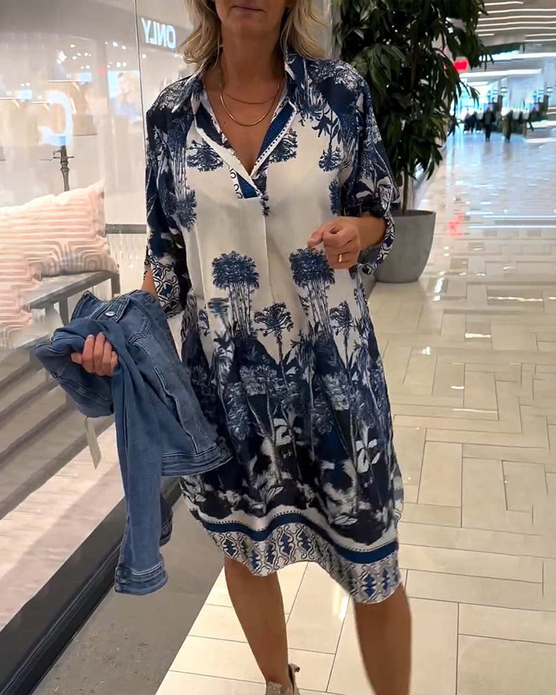Casual botanical print lapel three-quarter sleeve dress