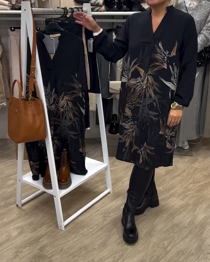 V-Neck Leaf Print Long-Sleeved Dress