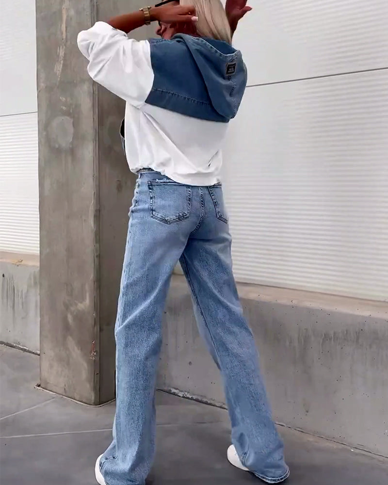 Casual denim patchwork zipper hoodie