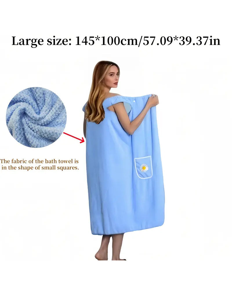 Soft Absorbent Quick-Dry Wearable Bath Towel Skirt with Floral Pattern Pocket