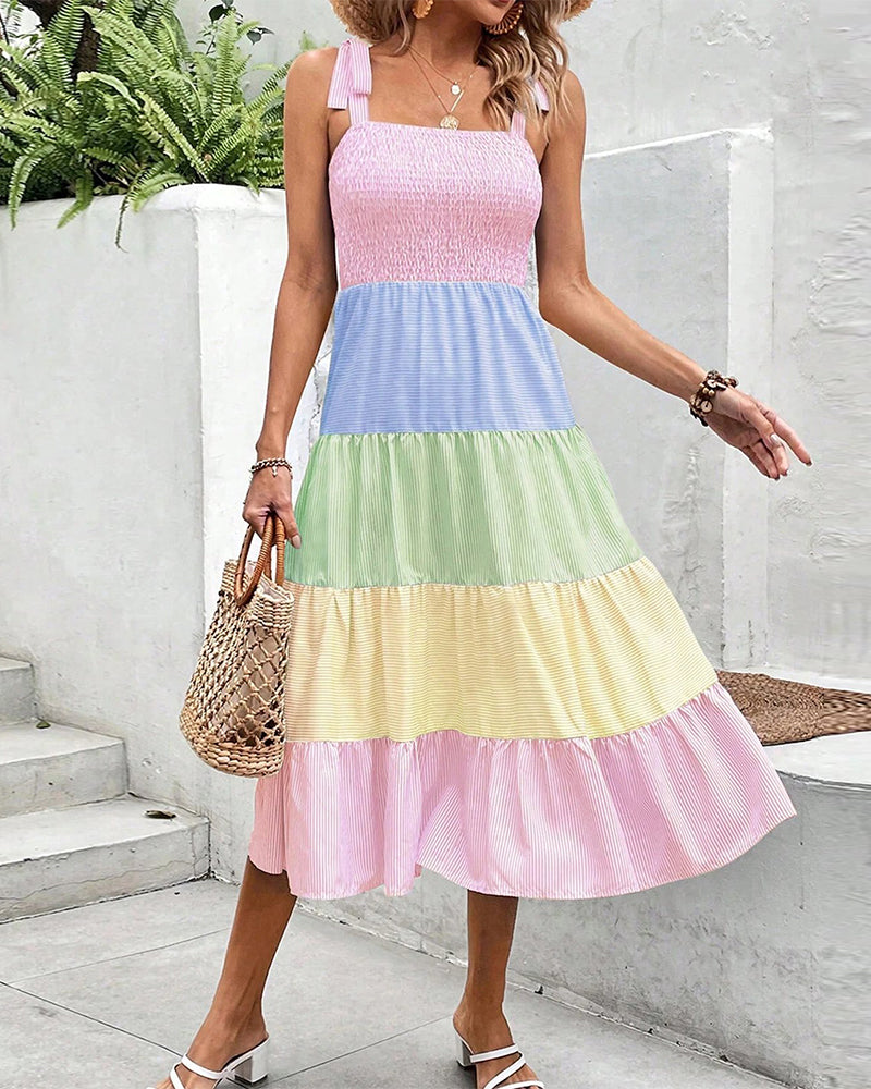 Contrast color patchwork suspender dress