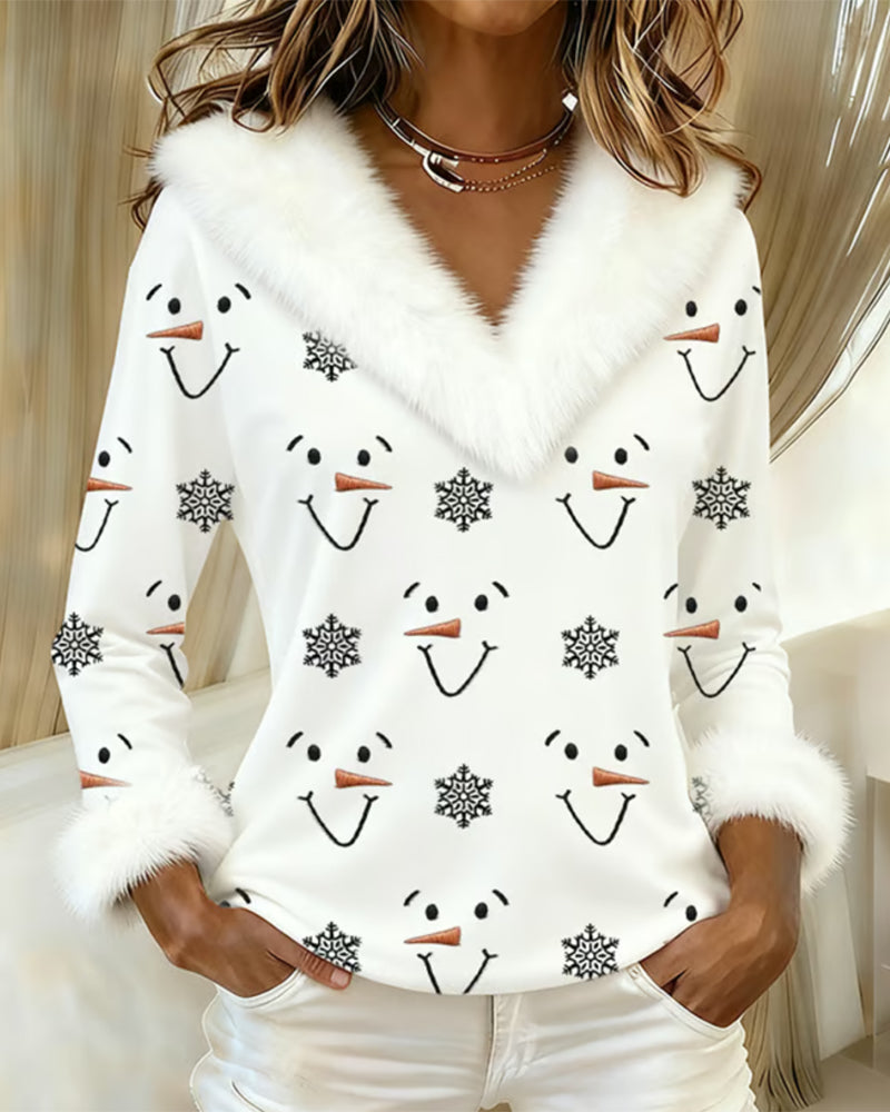 Fashionable Printed Fur Collar Top