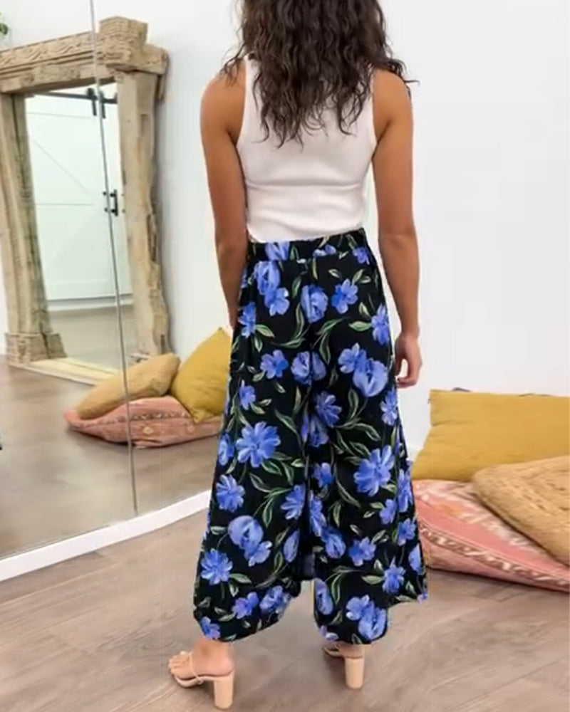 Floral print high waisted wide leg pants