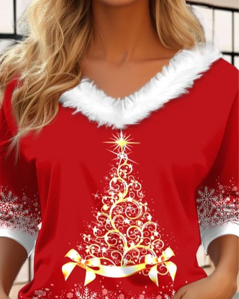 Plush v-neck christmas tree print top