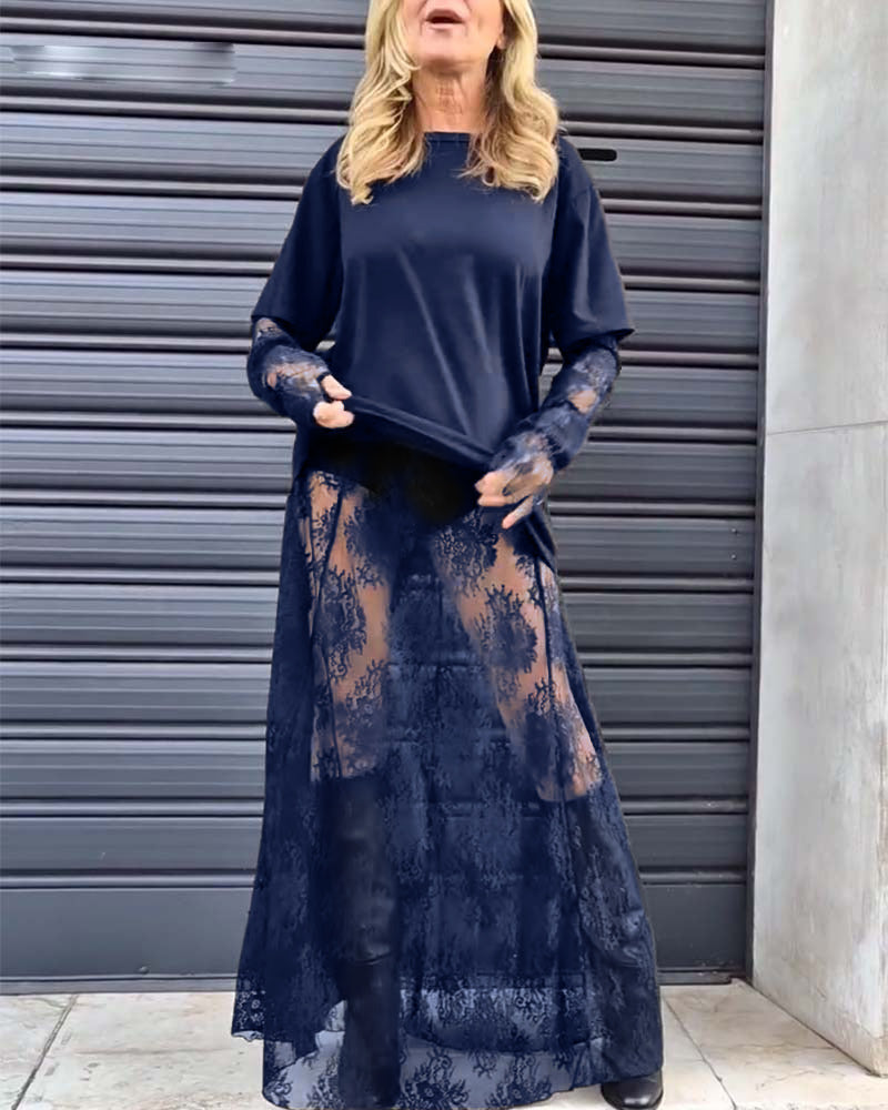 Two-piece set - solid color T-shirt and lace skirt