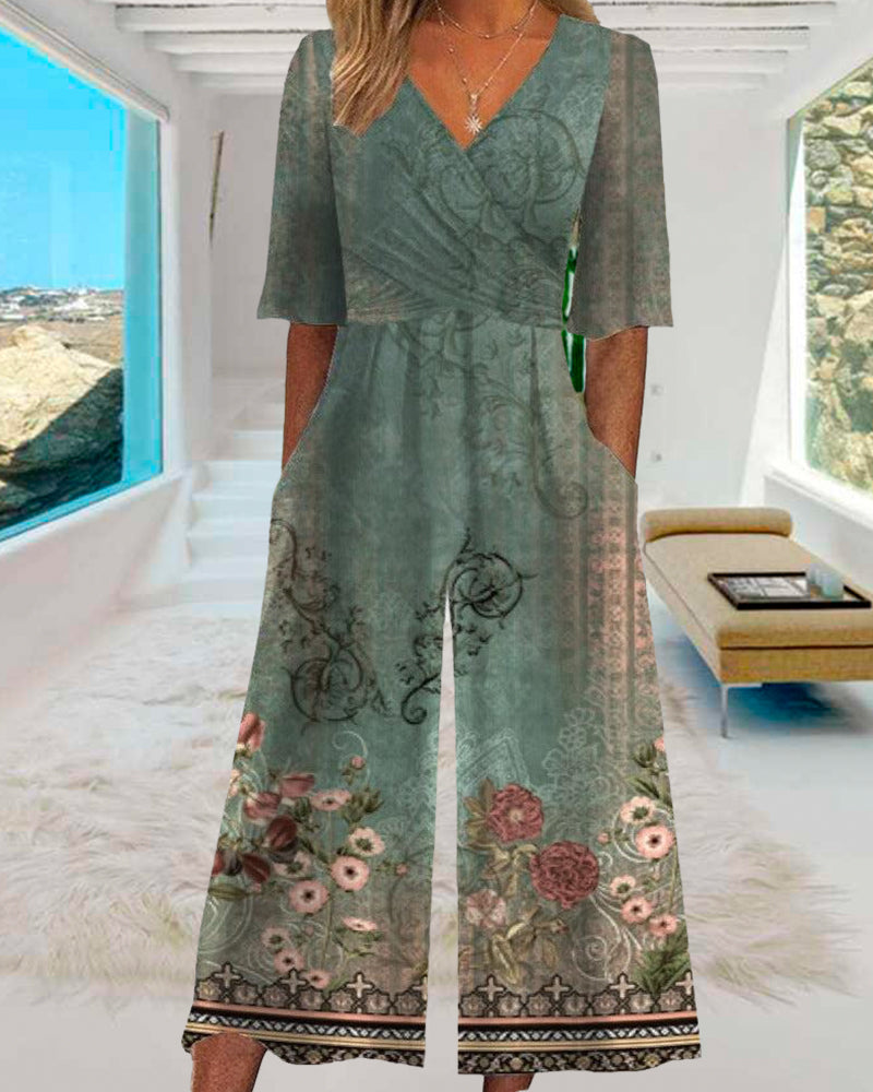 Vintage floral print pocket jumpsuit