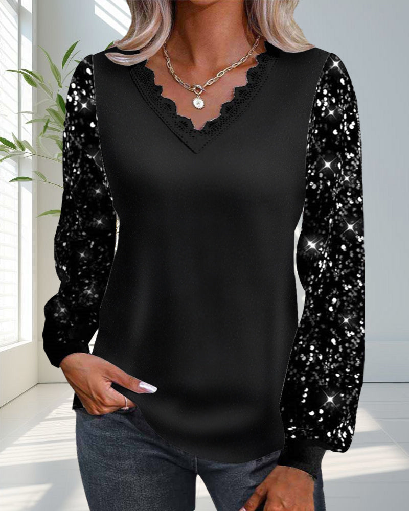 Casual solid color sequin V-neck top