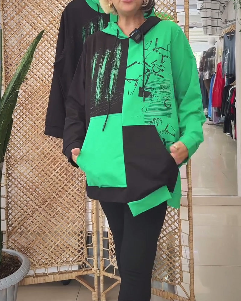 Casual Hooded Colorblock Printed Sweatshirt