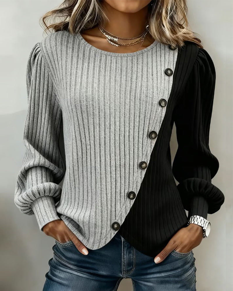 Color-Blocked Ribbed Cross Hem Long-Sleeved Top