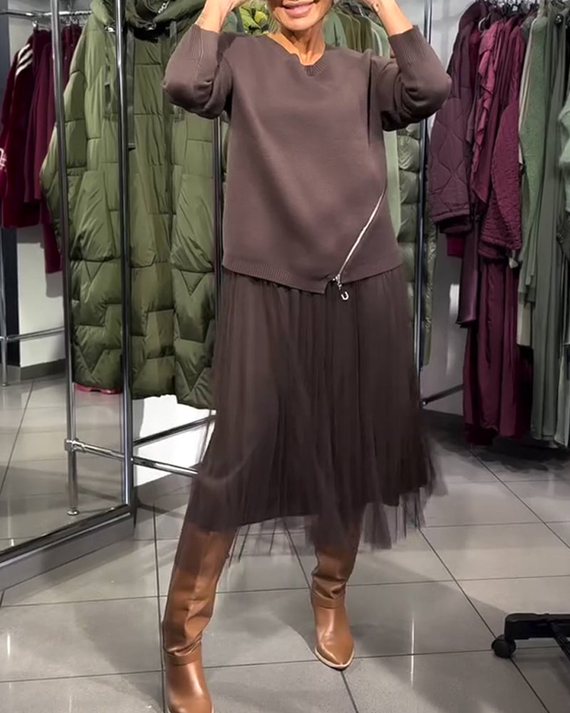 Zippered Stylish Crew Neck Sweater Set