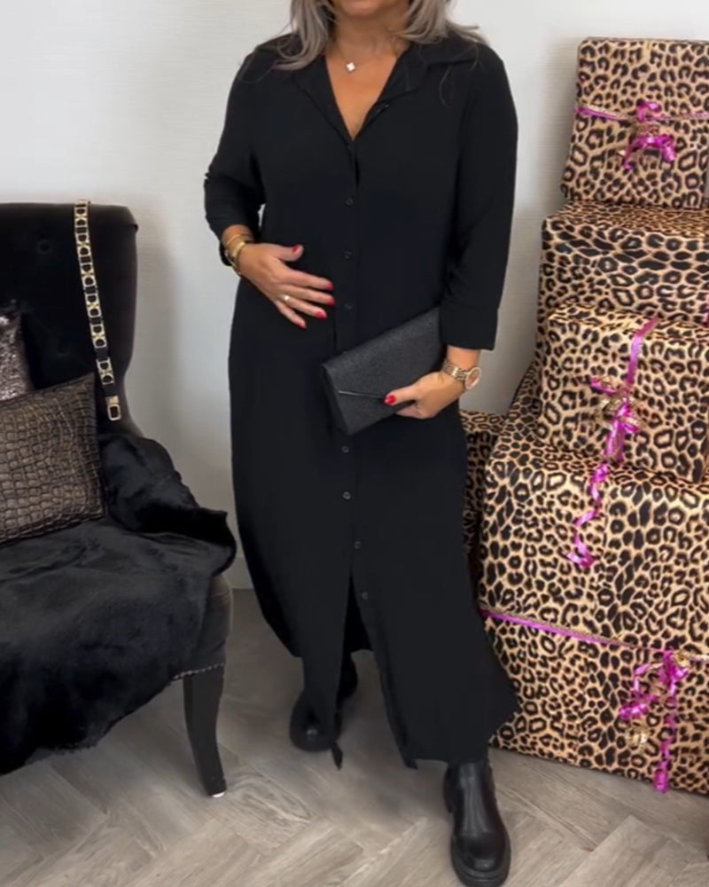 Buttoned V-neck solid color dress