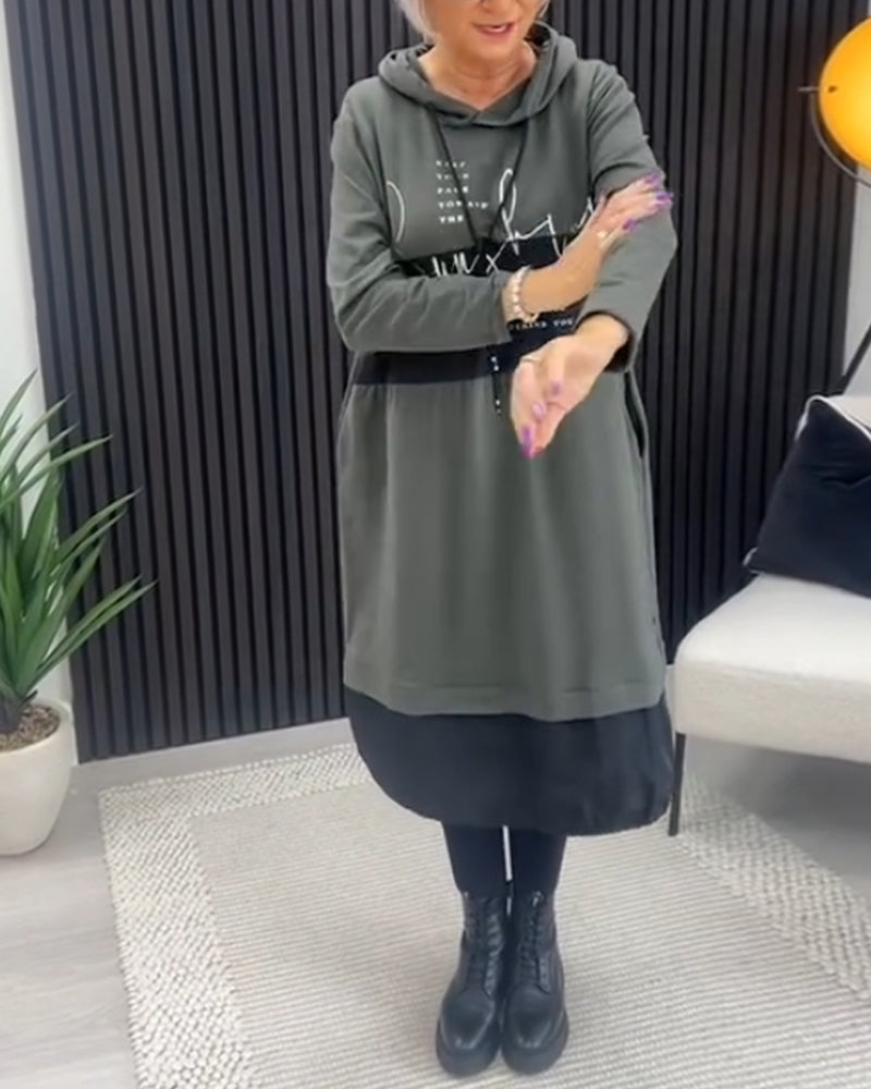 Casual color block letter print pocket hooded dress