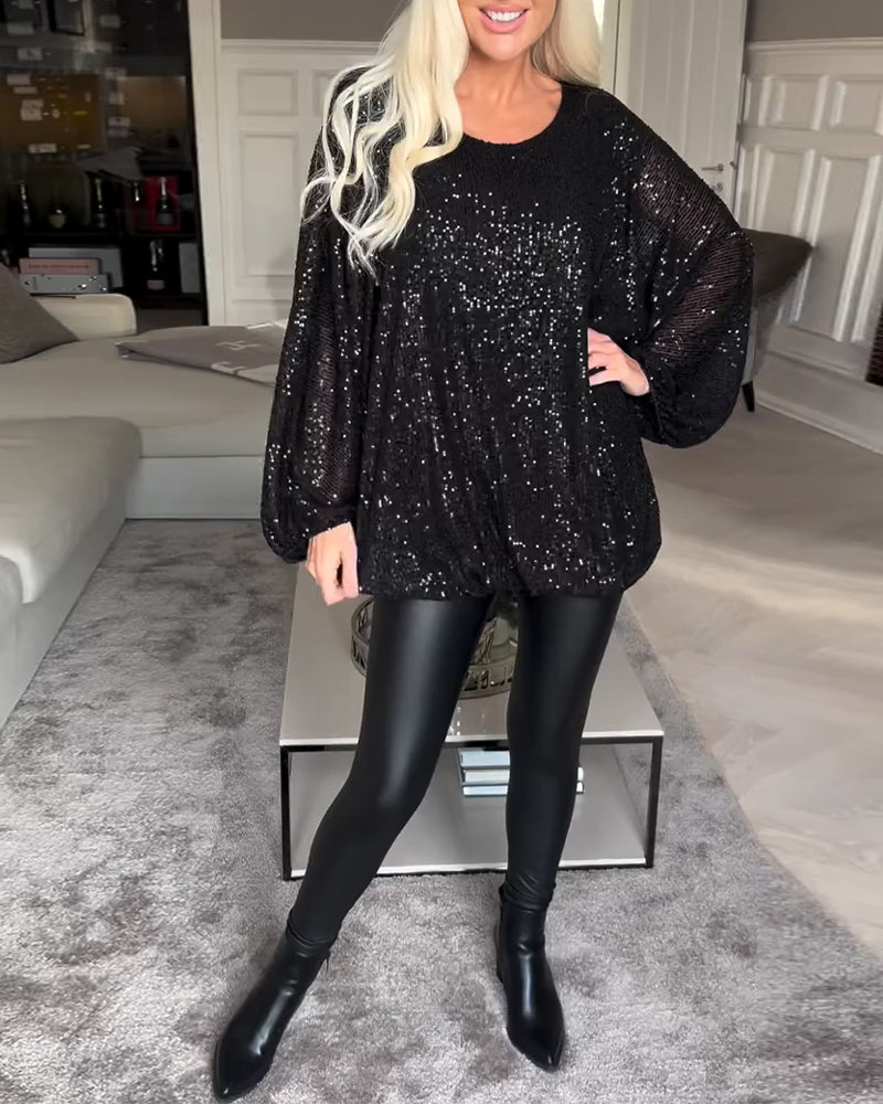 Balloon sleeve round neck sequin top