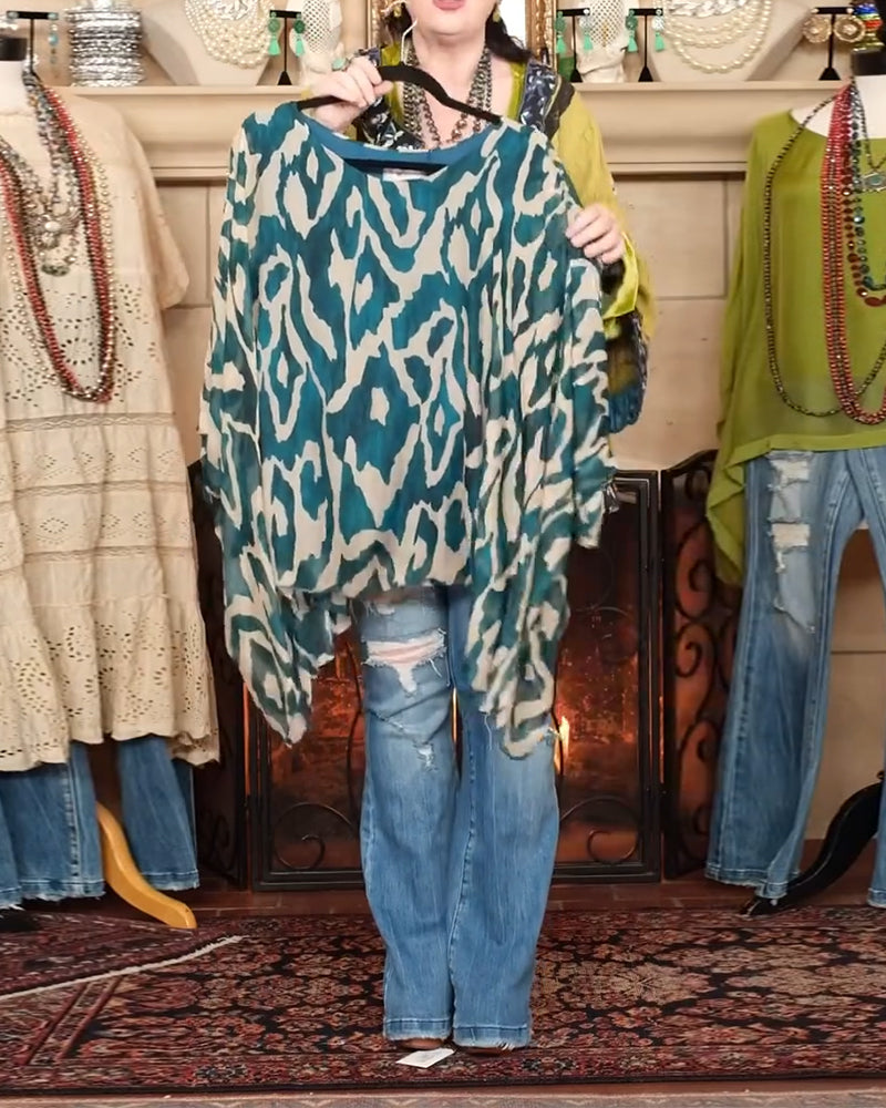 Batwing Sleeve Print Long Sleeve Blouse