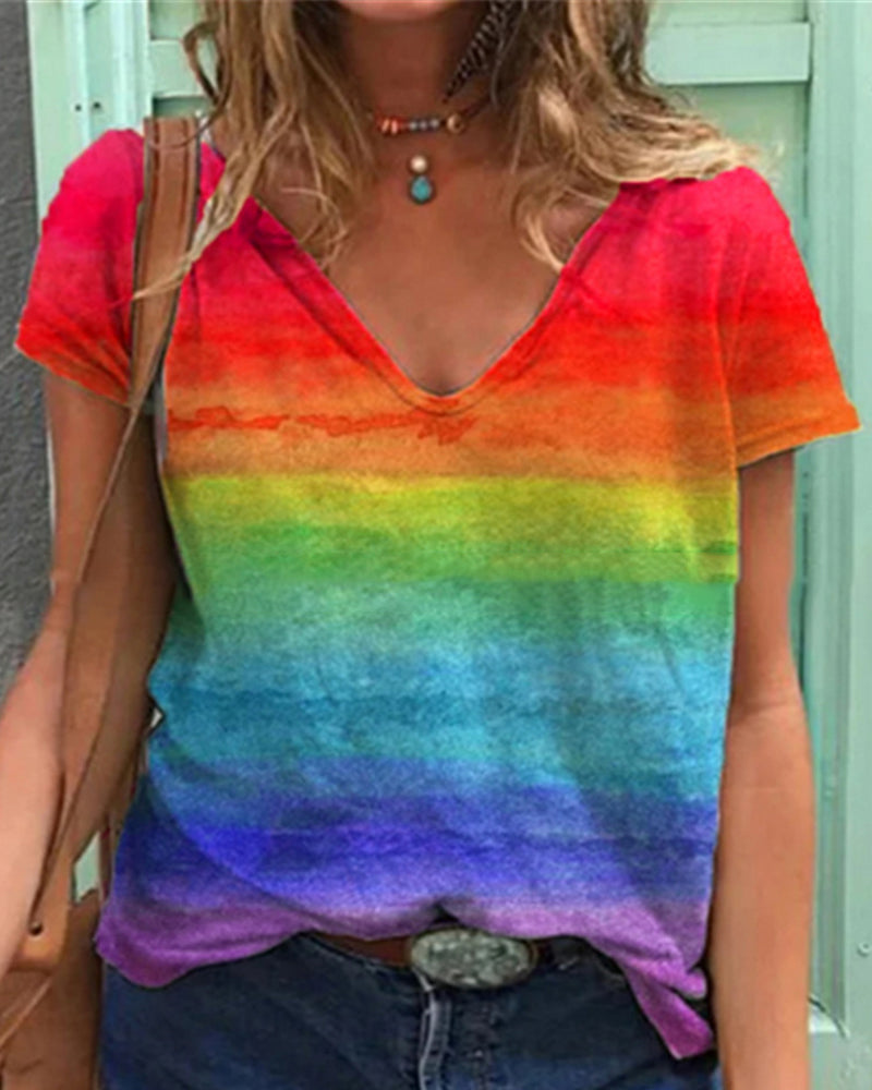 Casual v-neck rainbow print short-sleeved t-shirt