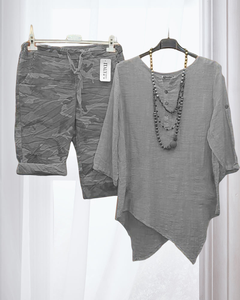 Round Neck Top and Camouflage Print Pant Set