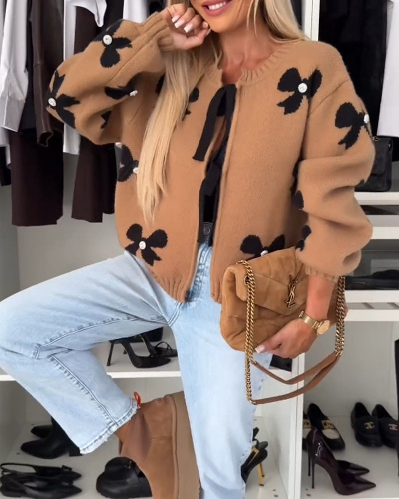 Bow beaded lace-up cardigan