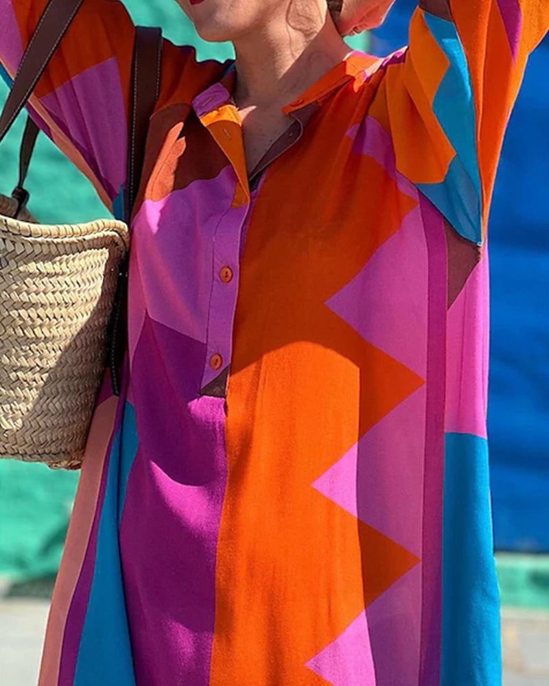 Color block panel long sleeve shirt dress