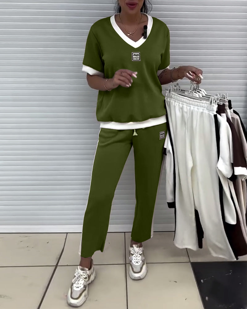 Casual V-Neck Contrast Color Sports Suit