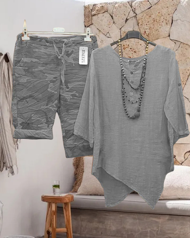 Round Neck Top and Camouflage Print Pant Set