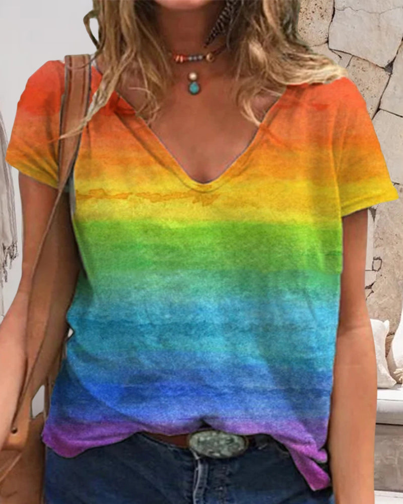 Casual v-neck rainbow print short-sleeved t-shirt