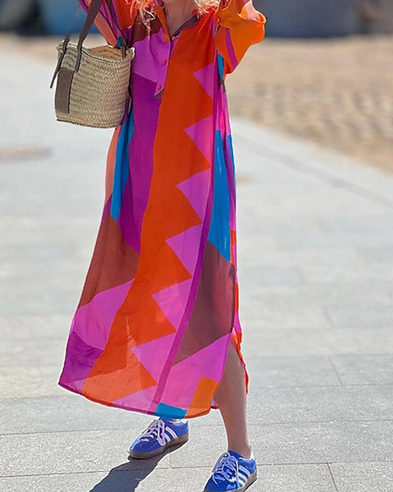 Color block panel long sleeve shirt dress