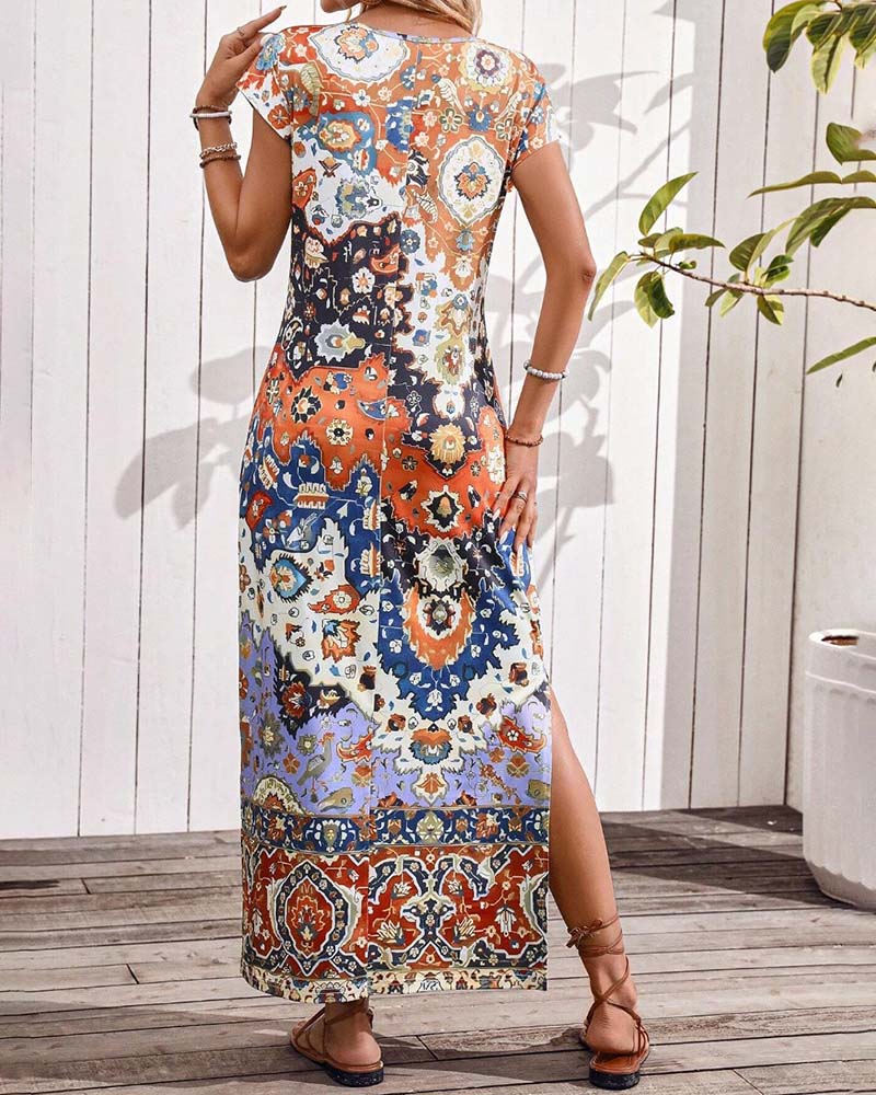 Colorful printed casual dress with slits