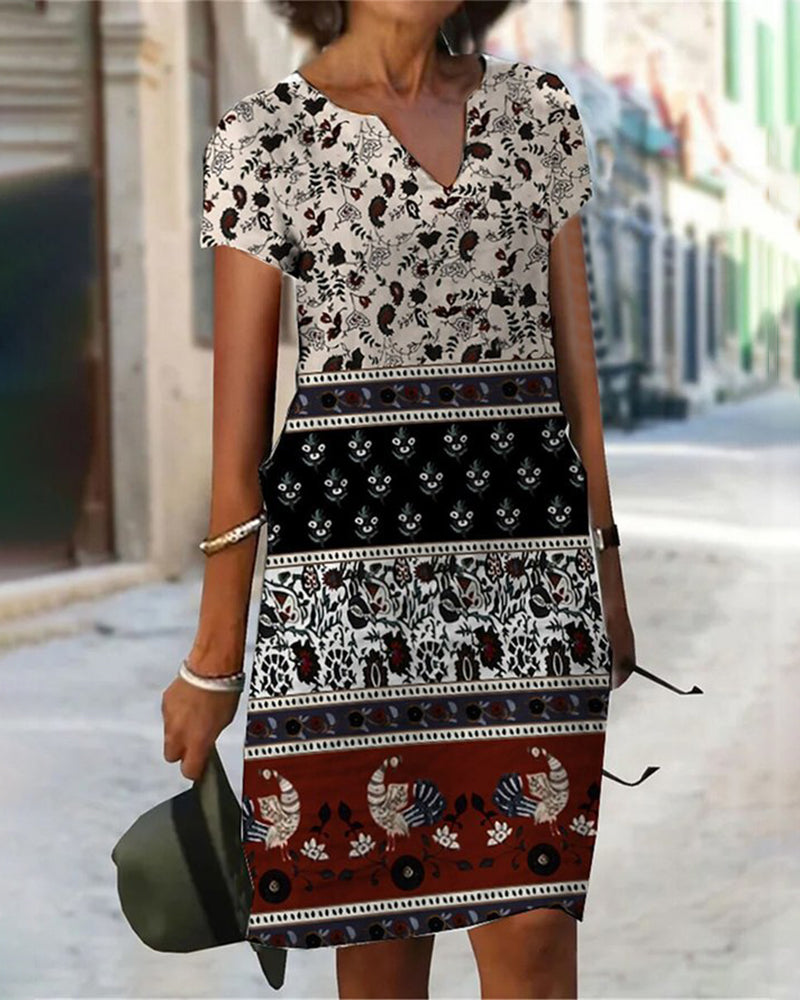 Color block print v-neck dress