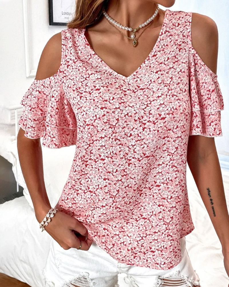 Cold Shoulder Floral Print  T-shirt