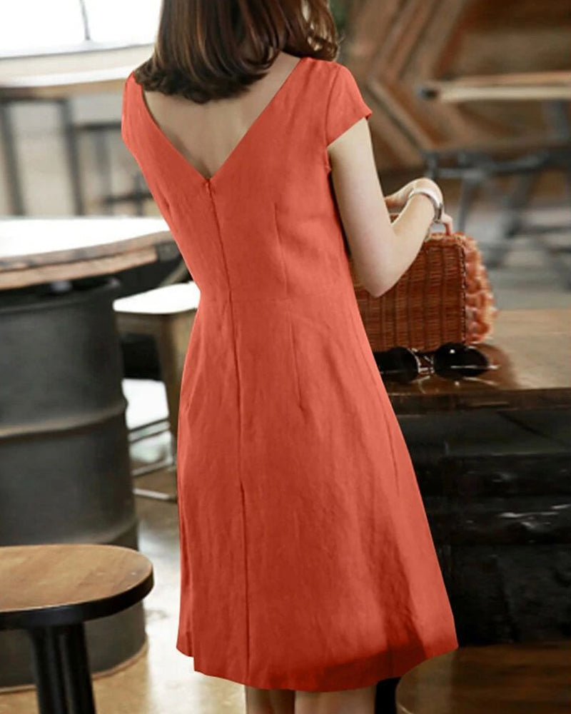 Cotton and linen solid color  short-sleeved dress