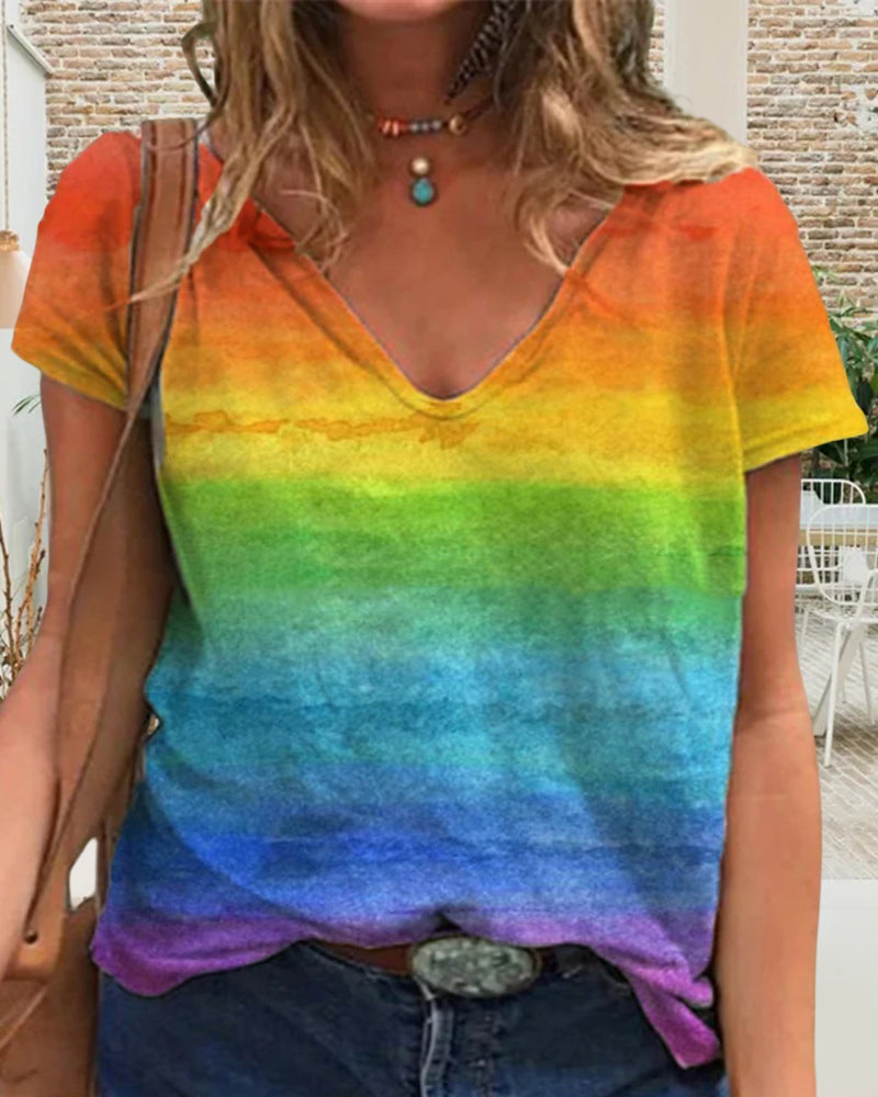 Casual v-neck rainbow print short-sleeved t-shirt
