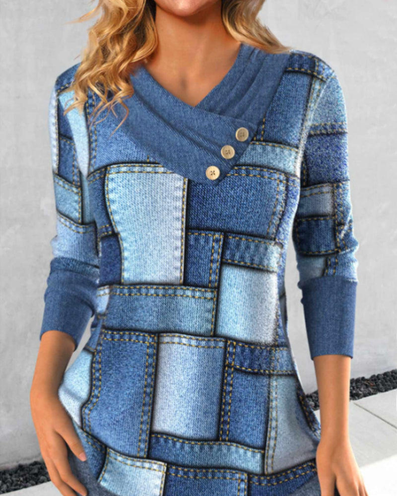 Slant Collar  Blue Plaid Blouses