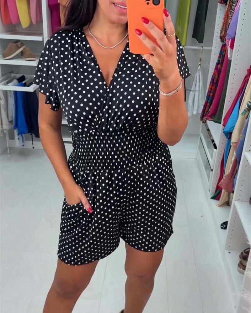 Casual polka dot printed V-neck short-sleeve jumpsuit
