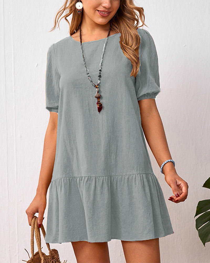 Cotton Linen Dress with Puff Sleeves