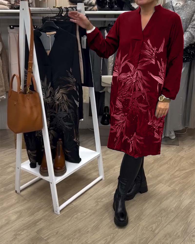 V-Neck Leaf Print Long-Sleeved Dress