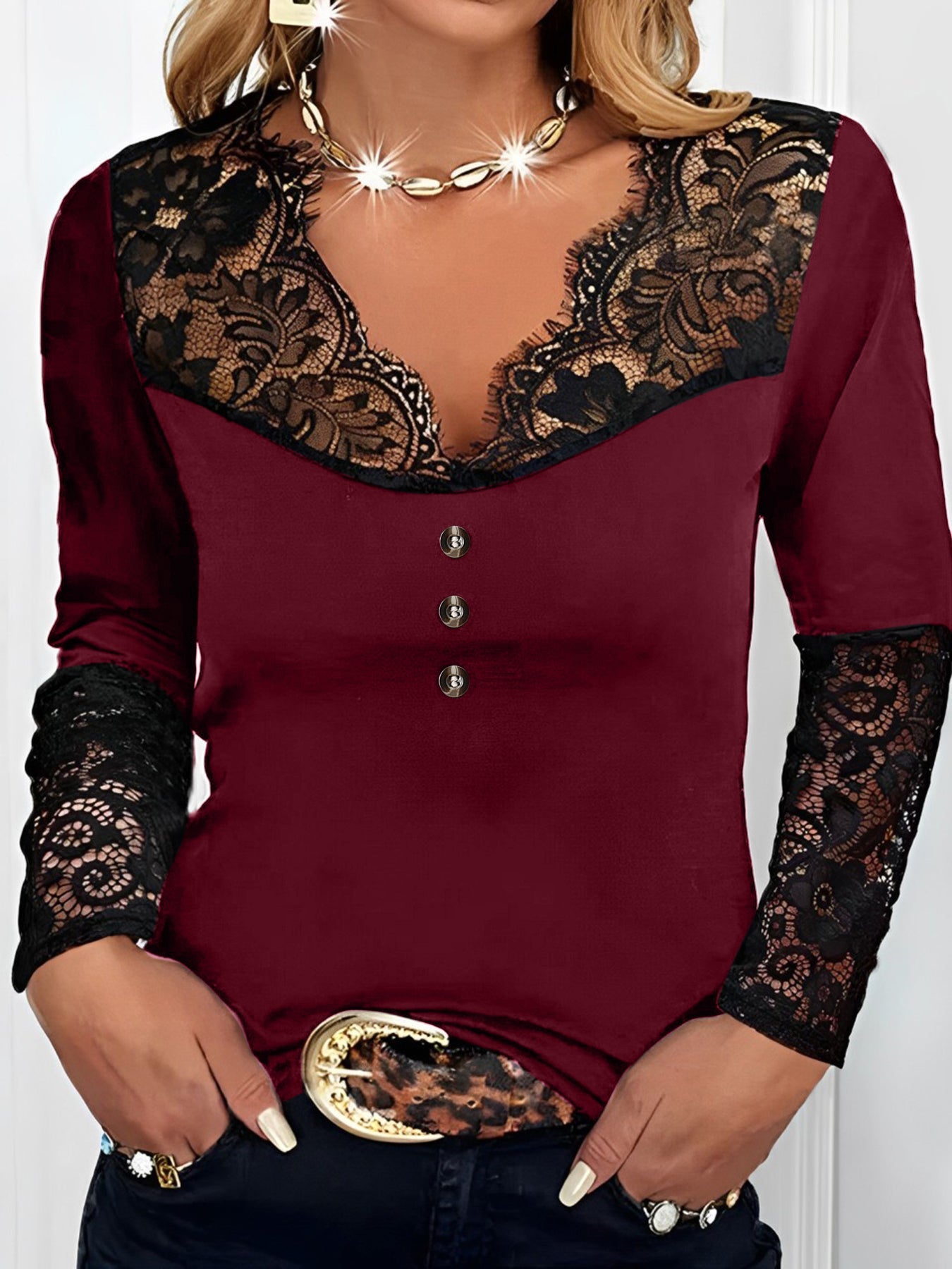 V-neck lace long-sleeve top