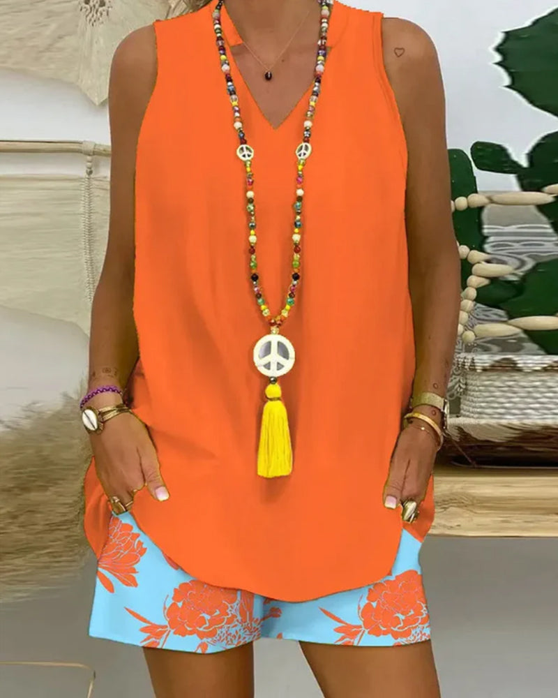 Sleeveless vest and shorts two piece set