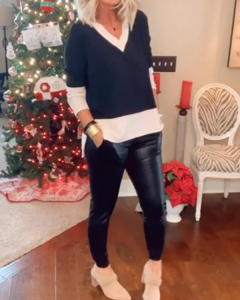 Color block v-neck casual top