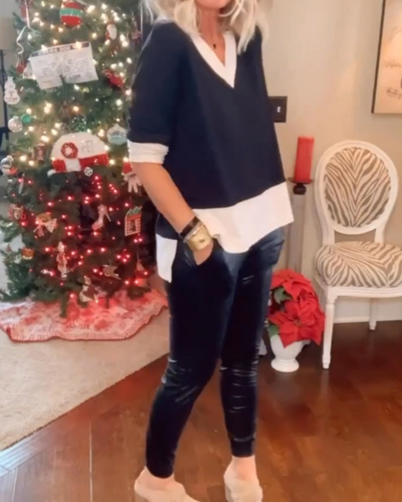 Color block v-neck casual top