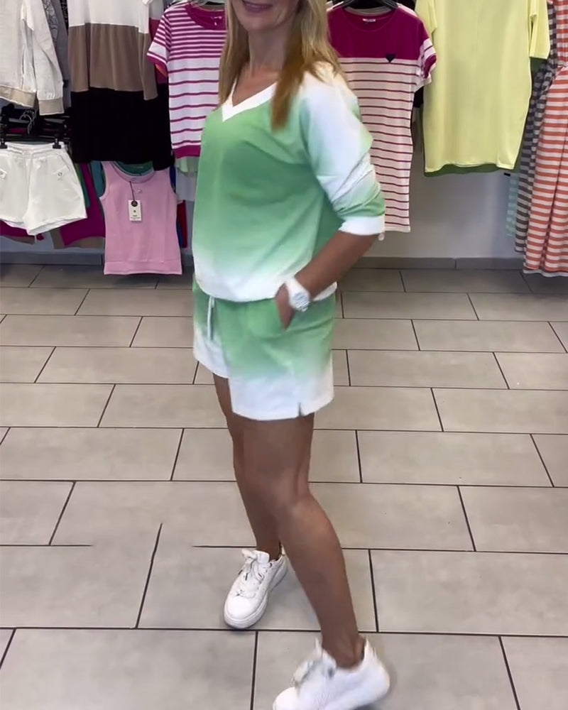 Long-Sleeved V-Neck Gradient Sports Set