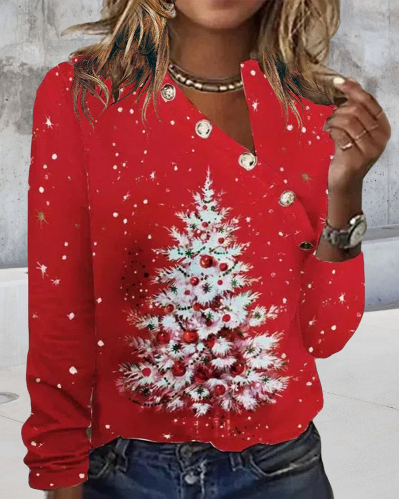 Side Shoulder Button Christmas Tree Print Top