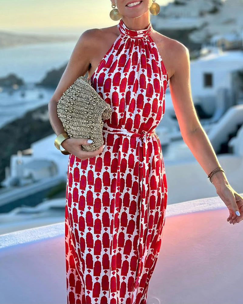 Halter Neck Beach Vacation Print Dress