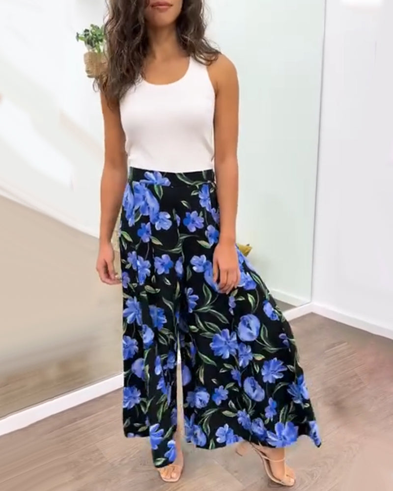 Floral print high waisted wide leg pants