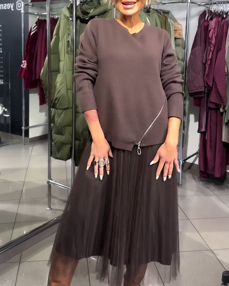 Zippered Stylish Crew Neck Sweater Set